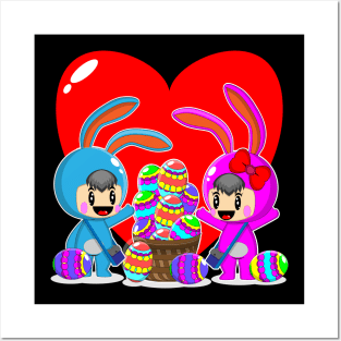 illustration happy easter day with egg and rabbit cute character Posters and Art